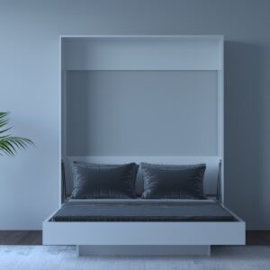 A modern white Murphy bed with a grey mattress and pillows folded down into a vertical position, resembling a cabinet.