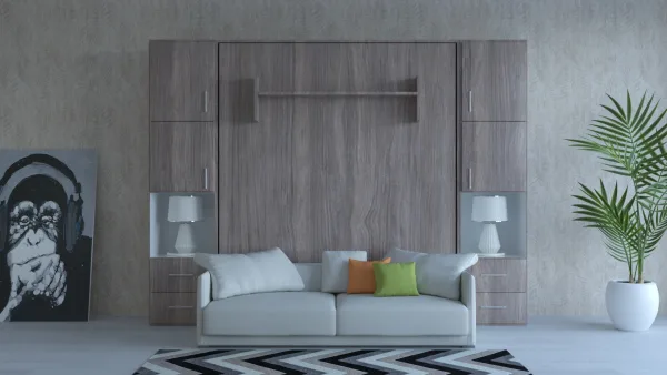 Wenge-colored Murphy bed in the open position, revealing the full sleeping area.