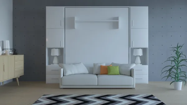 White wall-mounted bed with integrated sofa and storage compartments.