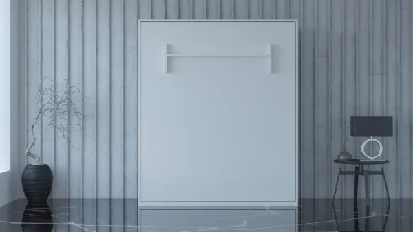 White door in room with black table and vase, white wall, bed closed.