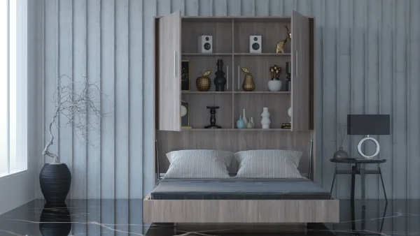 Modern room showcasing a wenge wall bed, complemented by a nightstand and shelf, ideal for a restful night's sleep.