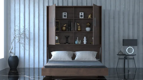 A bed with built-in shelf for efficient storage within the bed frame.