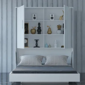 Inside a wall bed, a shelf provides convenient storage space.