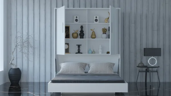 Inside a wall bed, a shelf provides convenient storage space.