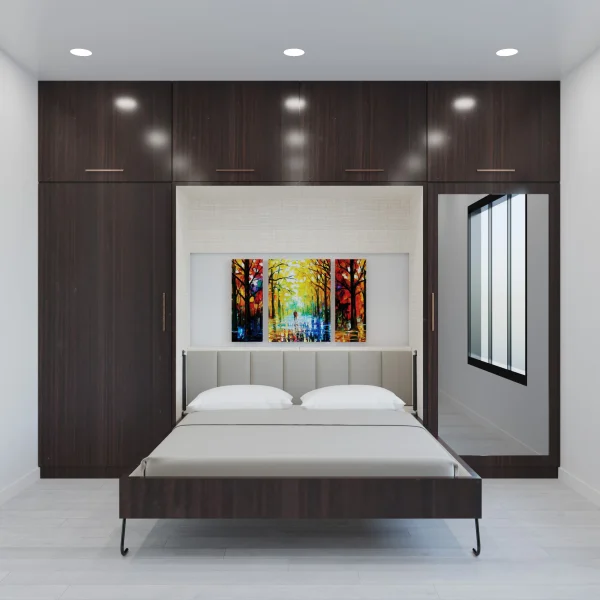 contemporary bedroom showcasing a wall-mounted bed and an eye-catching painting on the wall.