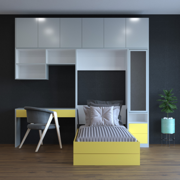 A small desk with a yellow cabinet and chair next to a folding bed.