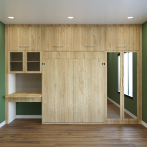 Hidden bed with side storage and overhead loft in walnut finish shown in a half-closed position for a modern space-saving bedroom.