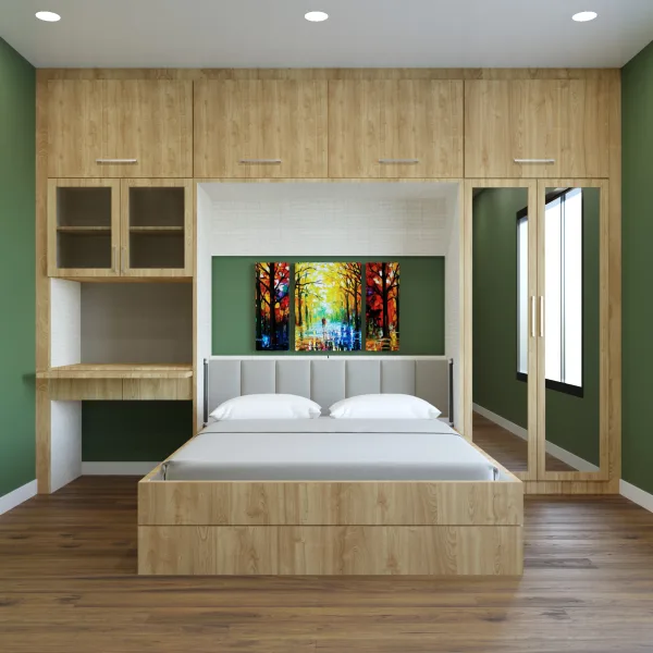 A bedroom with a wooden murphy bed and built-in storage units, green walls, wood flooring, and a colorful painting above the bed.