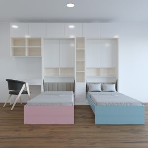 Modern room with two twin wall beds fully extended. The beds are part of a built-in unit with shelving and storage cabinets above. Neutral color scheme with white walls, light wood flooring, and subtle pastel accents on the beds.