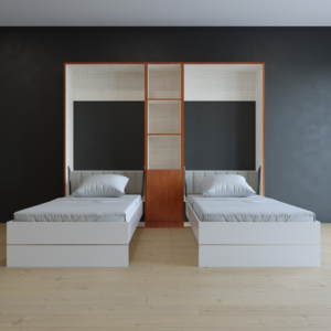 Luxurious twin wall bed set in a stylish room with a sleek wall design.