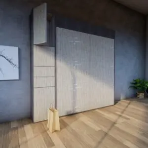 Fold down bed from wall, also known as a Murphy bed or wall bed. Space-saving furniture solution.