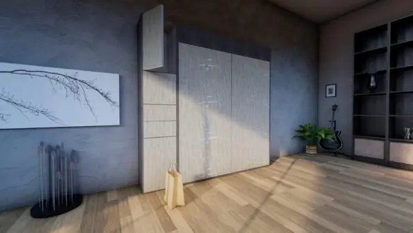 Fold down bed from wall, also known as a Murphy bed or wall bed. Space-saving furniture solution.