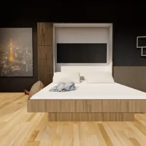 latform-style space saving cot, also known as a Murphy bed or wall mounted bed. Light wood finish, perfect for small spaces.