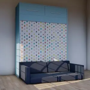 Dual-purpose furniture: Light blue Murphy bed with integrated sofa.