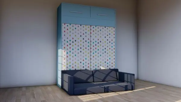Dual-purpose furniture: Light blue Murphy bed with integrated sofa.
