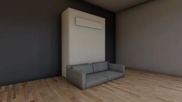 A wall bed with a sofa in front of it. The wall bed is folded up against the wall. The sofa is a light gray color.