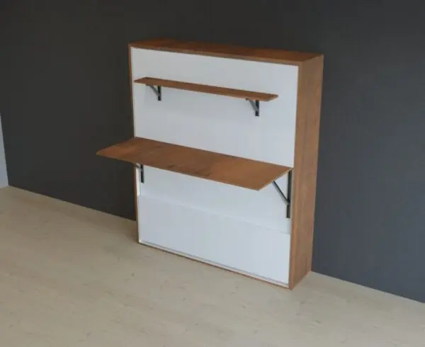 A Murphy bed with a desk folded down in front of it.