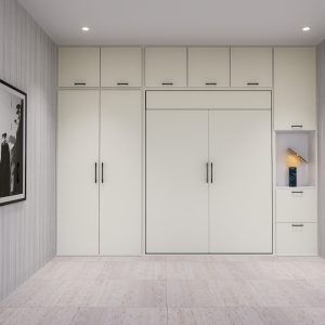 A modern pull-down bed integrated with white cabinets in a minimalist bedroom setting.