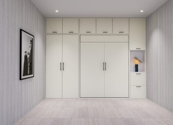 A modern pull-down bed integrated with white cabinets in a minimalist bedroom setting.