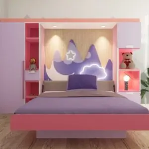 un and functional kids Murphy bed in pink and purple, featuring a mountain and cloud headboard. Space-saving wall bed for children.