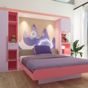 Pink kids wall bed fully opened in a modern children's bedroom.