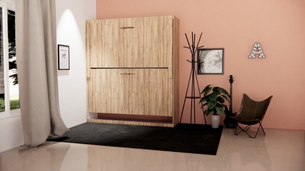 A closed wooden bunk bed integrated into a cabinet against a pink wall in a room with minimalist decor.