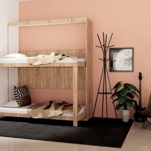 A modern bedroom with a minimalist design featuring a wooden loft bed with white bedding, a black and white cushioned bench underneath, and a khaki sling chair. The room has peach-colored walls, two framed artworks, an ‘A’ wall decor, and a tall coat stand.