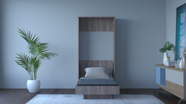 A folding wall bed in opened position, revealing a comfortable sleeping area