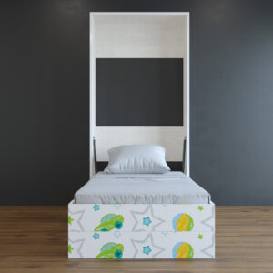 Child-friendly wall bed with white headboard and vibrant green and blue bedspread