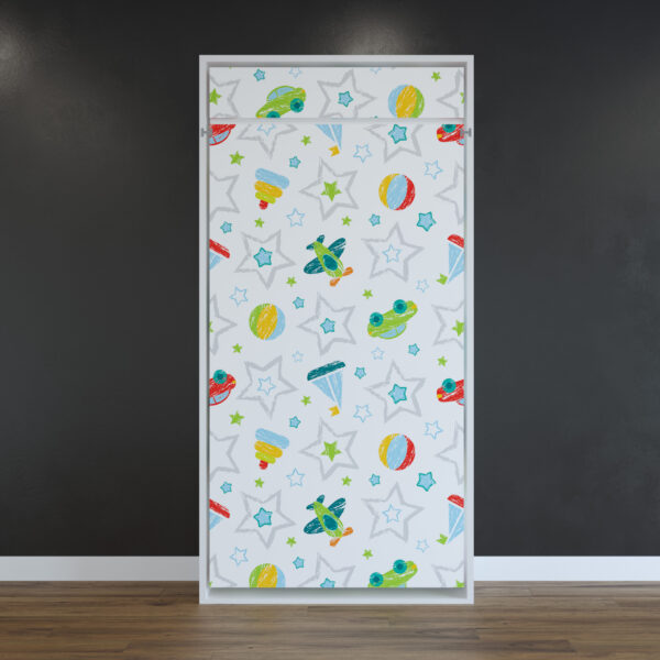 Children’s Murphy bed folded up against a dark wall, showcasing a playful front panel with a space theme, including colorful illustrations of planets, rockets, stars, and satellites on a white background.