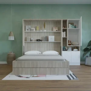 Hidden cot with side storage in a dual-color finish shown in open position, a premium space-saving wall bed for modern Indian homes.
