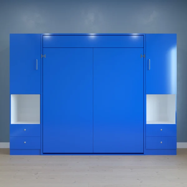 A blue cabinet with two drawers and a door, set against a backdrop of a contemporary floating bed in a stylish space.