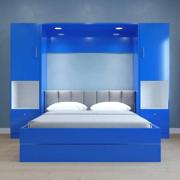 floating bed showcasing a blue headboard and practical drawers, perfect for a stylish bedroom setup.