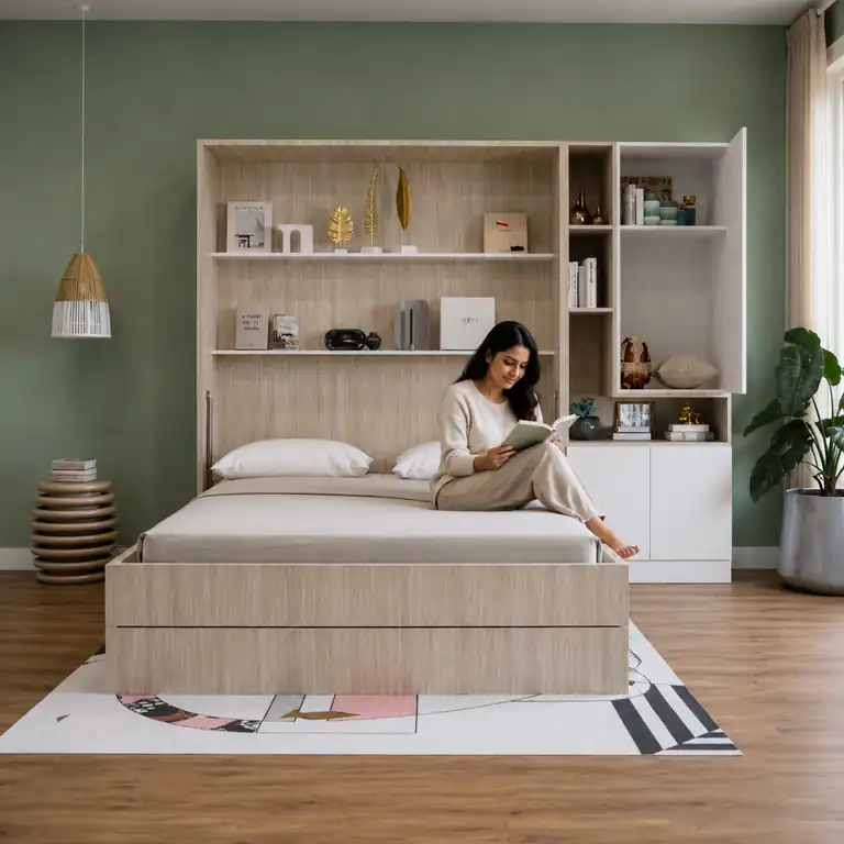 CONVERTIBLE FOLDING BED 3 Woman reading comfortably on a wall-mounted bed in a modern apartment