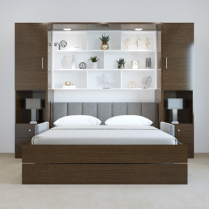 Wall-mounted foldable guest bed in the open position, featuring a sleek, modern design.