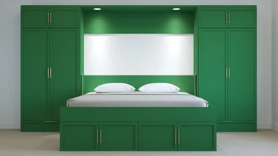 space-saving green Murphy bed disguised as a cabinet in a modern room. Wall bed solution for small spaces.