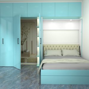 Space-saving light blue Murphy bed, also known as a wall bed or wall mounted bed. Contemporary cot design for small rooms.