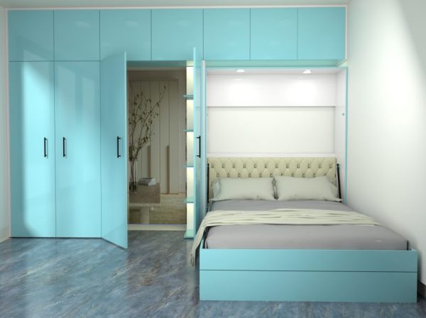 Space-saving light blue Murphy bed, also known as a wall bed or wall mounted bed. Contemporary cot design for small rooms.