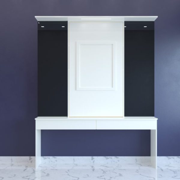 A white closed wall-mounted crockery unit neatly folded against the wall, showcasing its compact design and modern elegance in a stylish dining room.