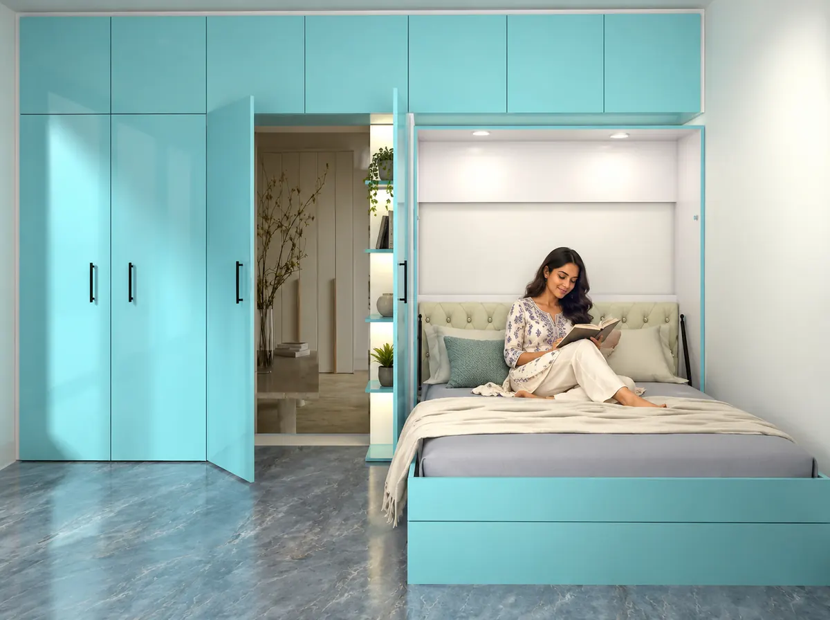 COTS WITH CABINET 4 Woman reading on an open wall bed with cabinet