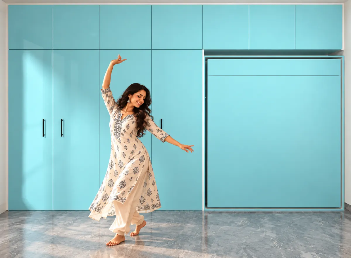 COTS WITH CABINET 5 Indian woman dancing beside a closed wall bed with cabinet