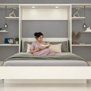 Floating bed with woman reading in bedroom