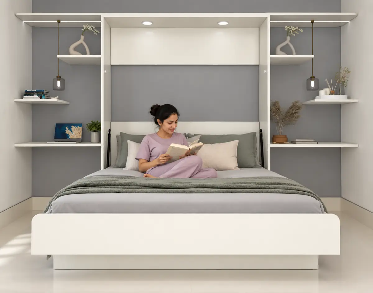 FLOATING BED WITH SIDE STORAGE 1 Floating bed with woman reading in bedroom