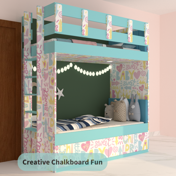 Modern light blue bunk bed with white and natural wood accents, featuring a built-in ladder, guard rails, and playful patterned fabric on the side panels. String lights and decorative stars hang above the lower bunk.