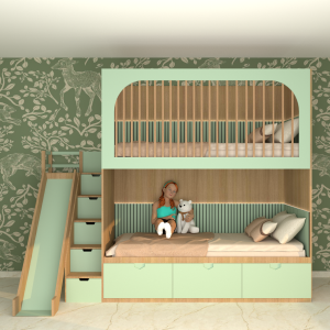 A children's bunk bed made of wood and painted in mint green, featuring a lower open bed and an upper enclosed bed with wooden bars. The bed includes built-in storage drawers, a staircase with pull-out drawers, and a slide on the left side. A young girl sits on the lower bunk holding a teddy bear. The room has a green wallpaper background with deer and tree patterns.