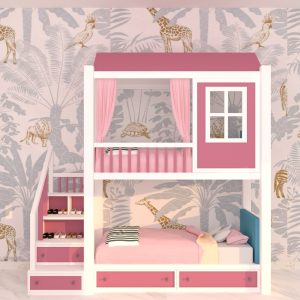 A whimsical pink bunk bed for kids with a playhouse-style top and storage stairs.