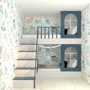 A white wooden bunk bed with a staircase instead of a ladder, featuring a play area with a blue and white patterned wall underneath the top bunk, and storage integrated into the stairs and side panels.