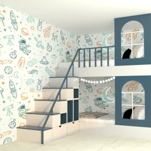 Blue kids bunk bed with stairs and play area
