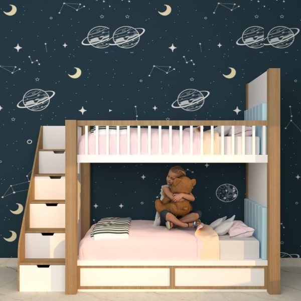 Space-themed wooden bunk bed with storage stairs, featuring a cosmic wallpaper design, pink bedding, and a child hugging a teddy bear on the lower bunk.