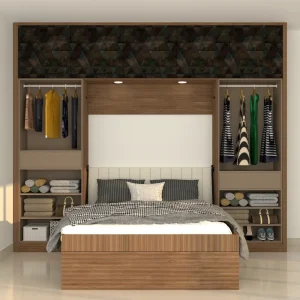 Open folding bed with wardrobe storage